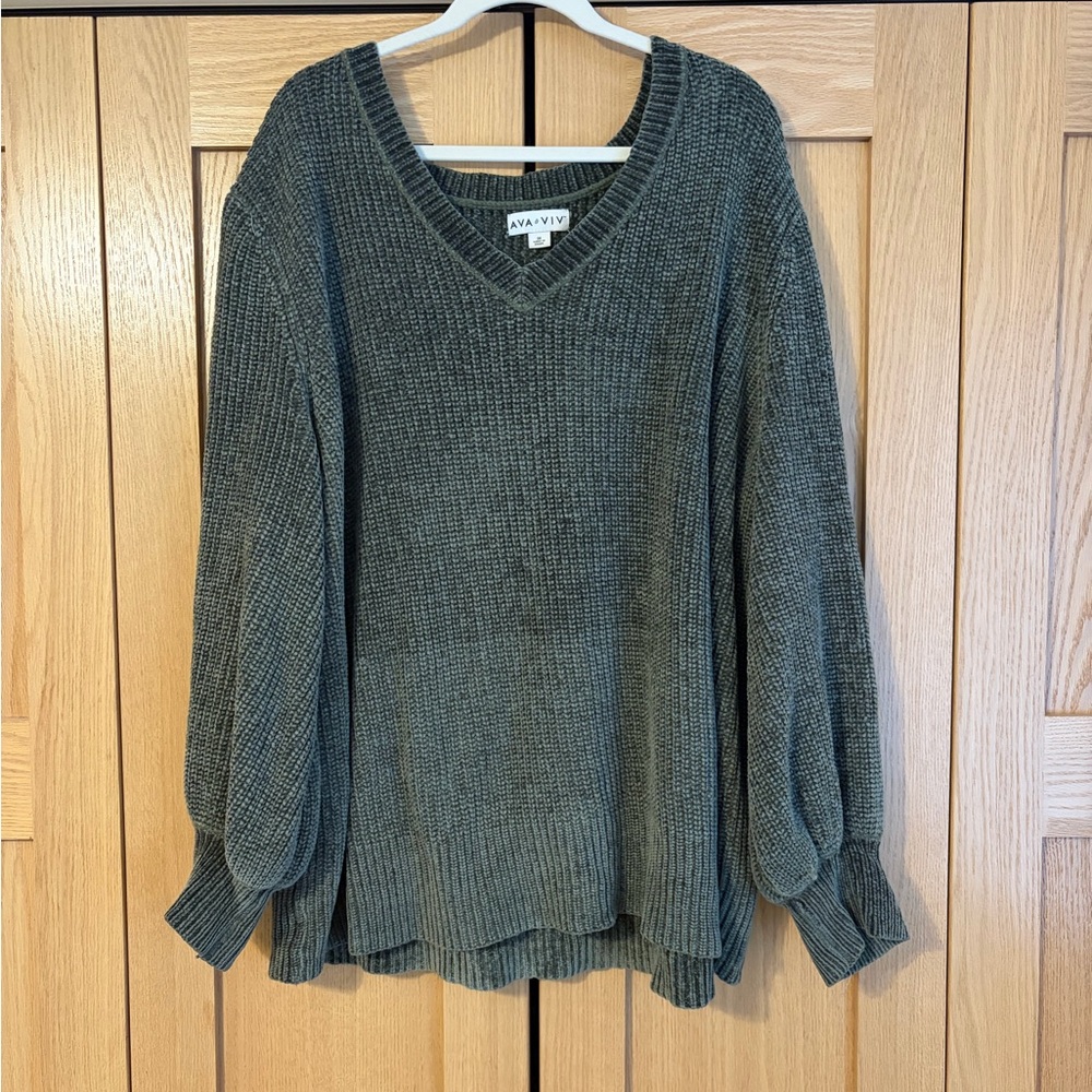 Ava & Viv Olive V-Neck Ribbed Pullover Sweater